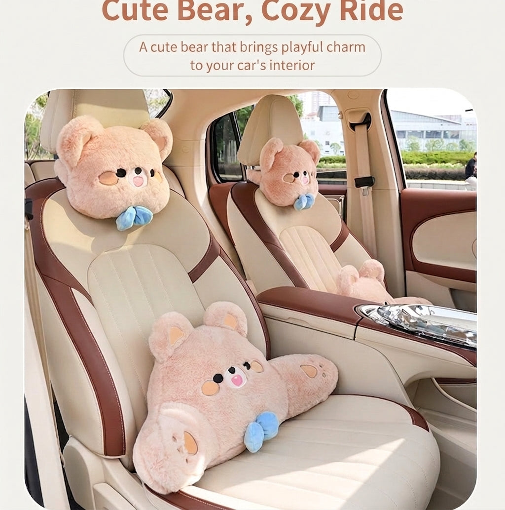 Car headrest, plush bow little bear pillow, comfortable neck pillow cushion, cute cartoon car interior lumbar support