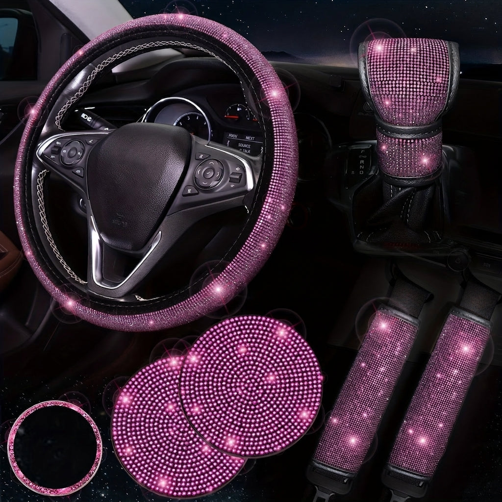 Car steering wheel cover, universal rhinestone-inlaid seatbelt cover, shoulder pad, seven-piece cross-border bestseller set