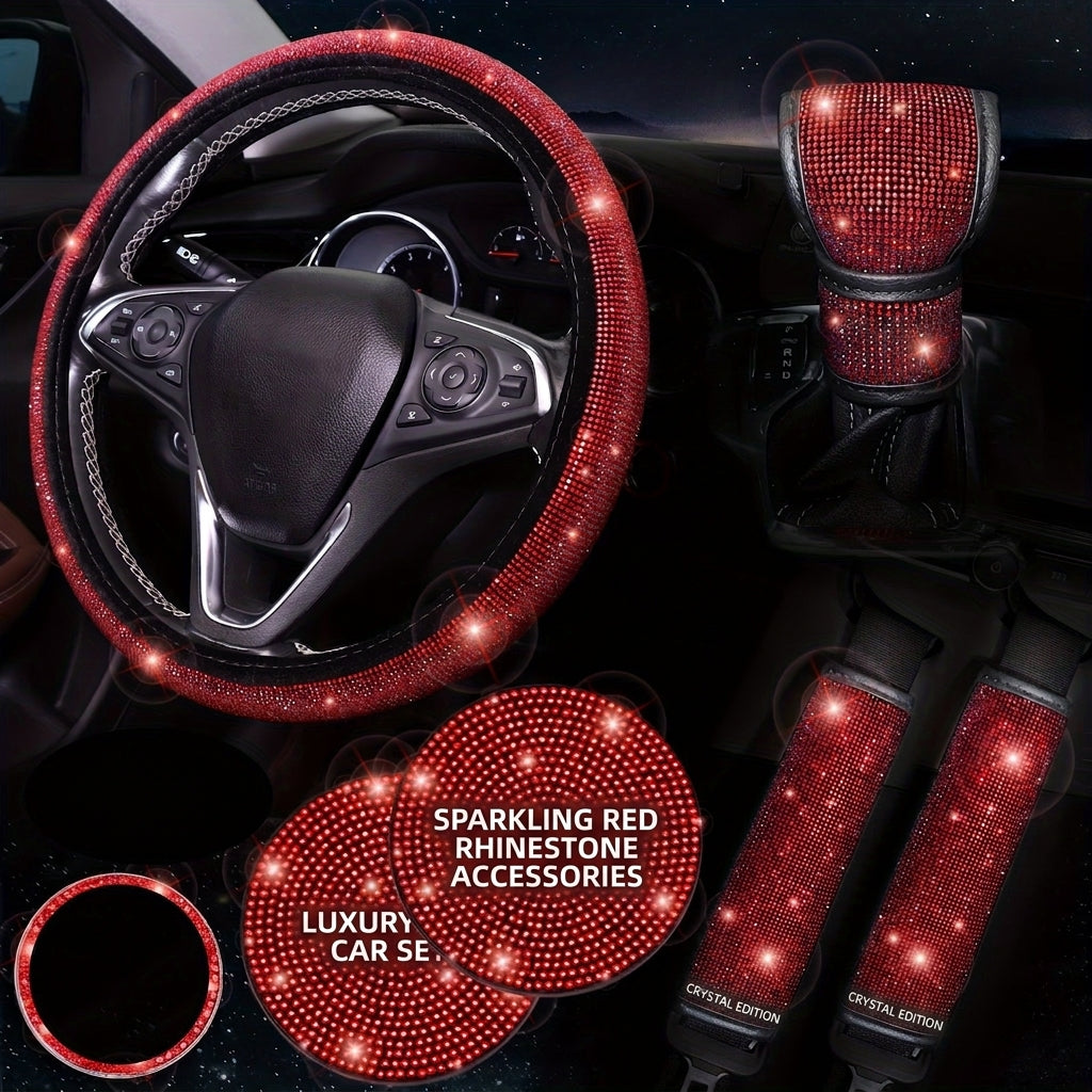 Car steering wheel cover, universal rhinestone-inlaid seatbelt cover, shoulder pad, seven-piece cross-border bestseller set