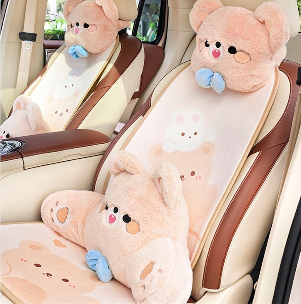 Car headrest, plush bow little bear pillow, comfortable neck pillow cushion, cute cartoon car interior lumbar support