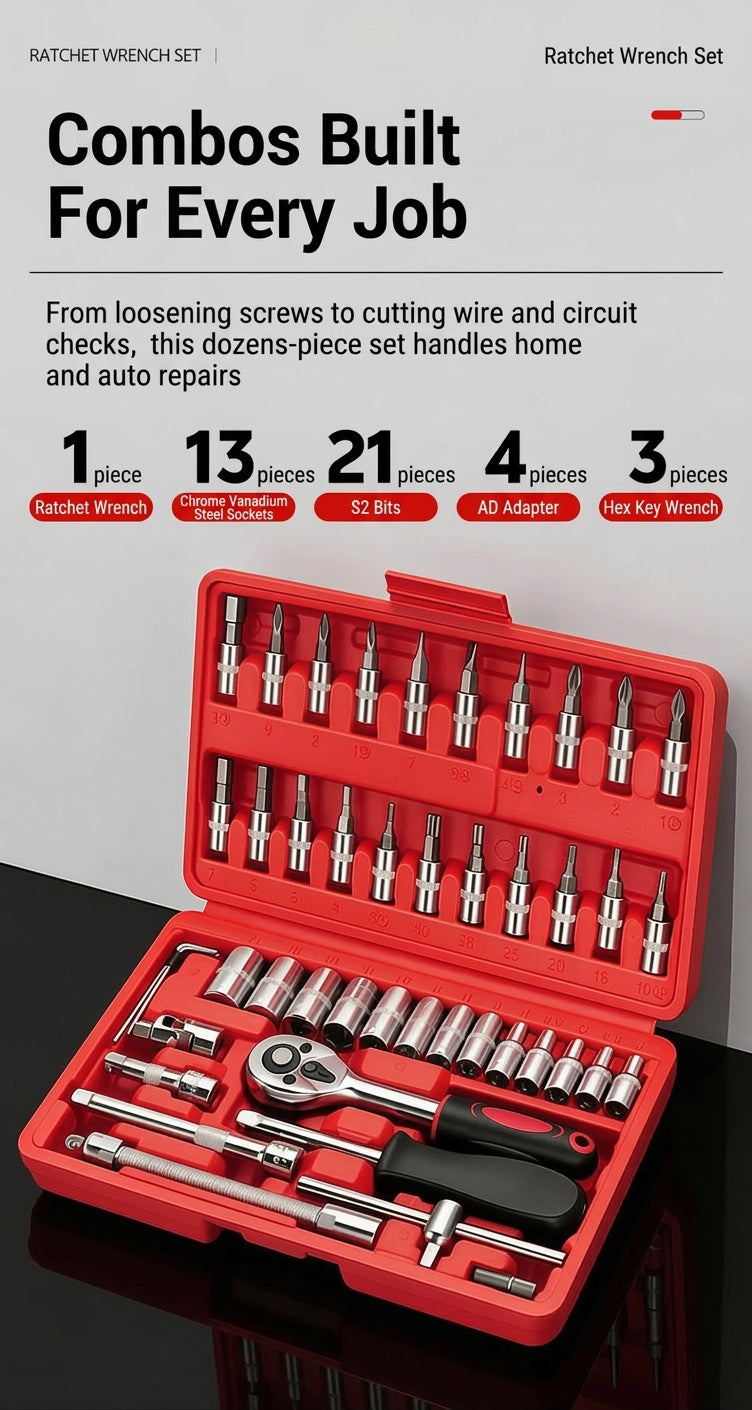 46-piece set of quick ratchet wrenches and screwdriver toolboxes for car repairs, hardware sets, and auto repair kits