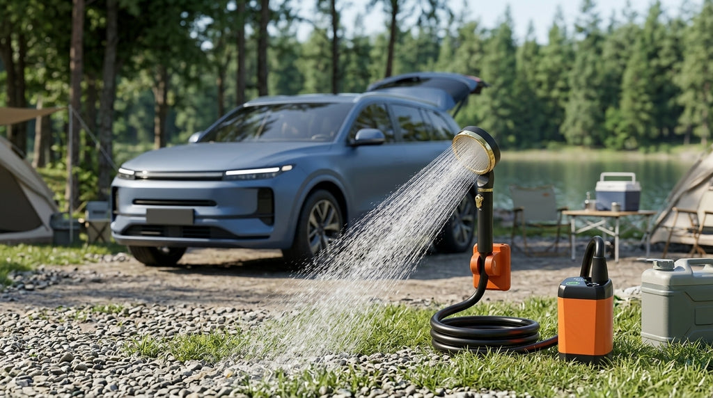 Portable Shower - Rechargeable Battery Powered - Campsite Day