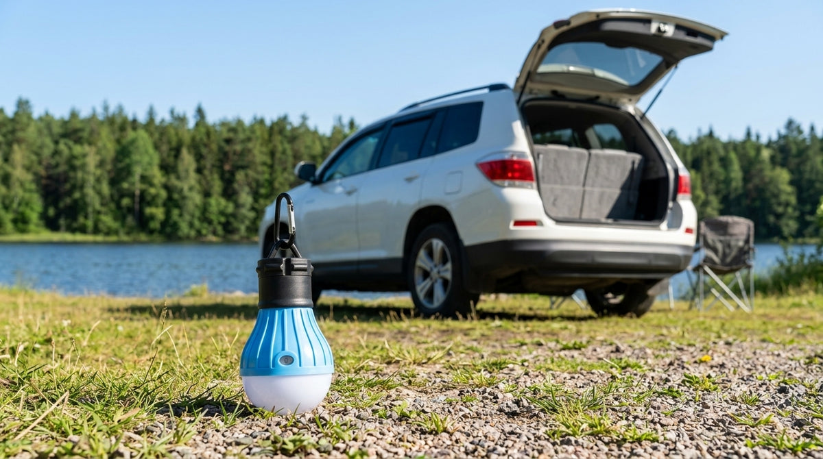 Portable LED Camping Lamp with Carabiner Hook - Campsite Day