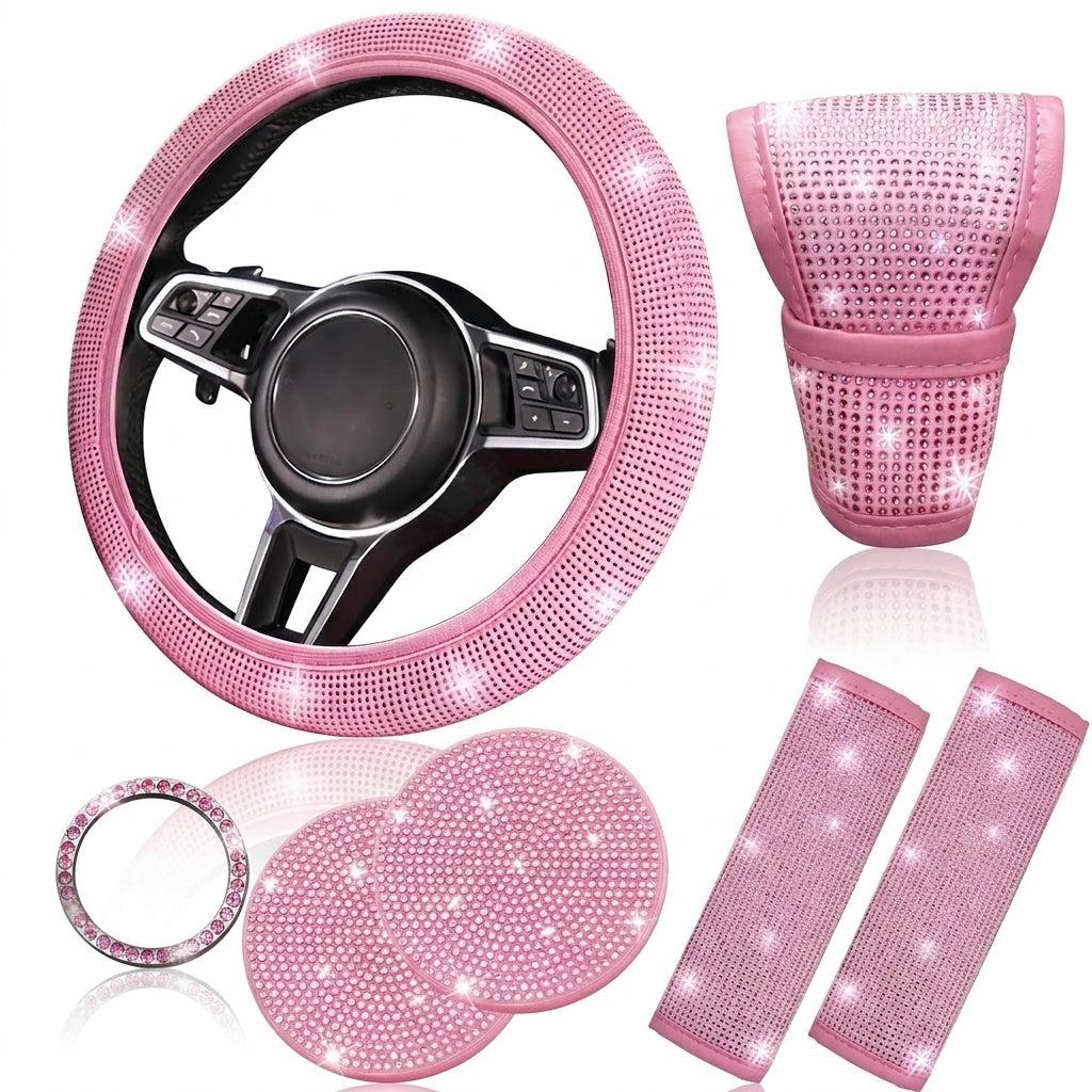 Car steering wheel cover, universal rhinestone-inlaid seatbelt cover, shoulder pad, seven-piece cross-border bestseller set - Hero Shot