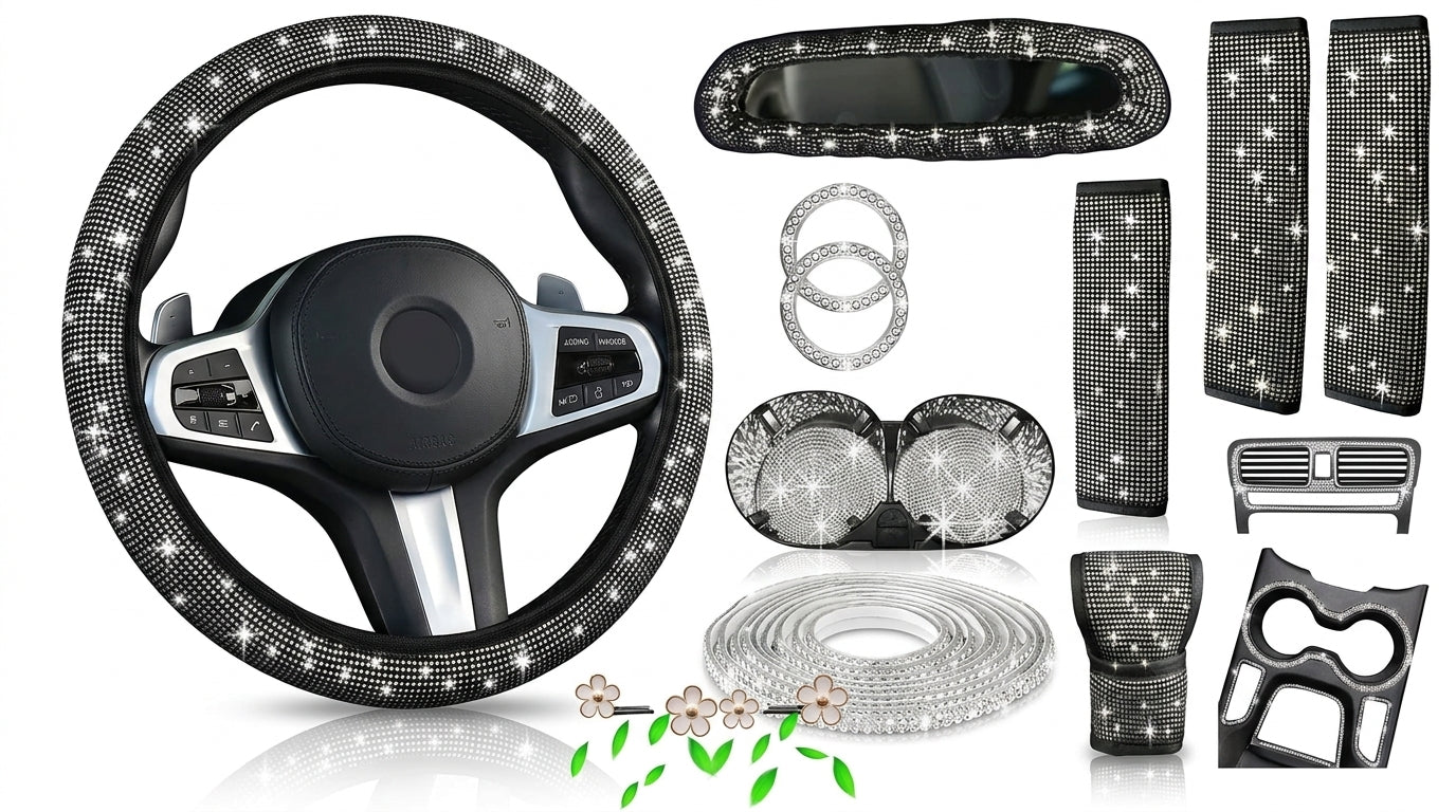 Cross-border foreign trade cars with hot diamonds, steering wheel covers, seat belts, shoulder pads, and diamond-embedded vehicles, 14 items loaded with diamonds and with diamonds - Hero Studio