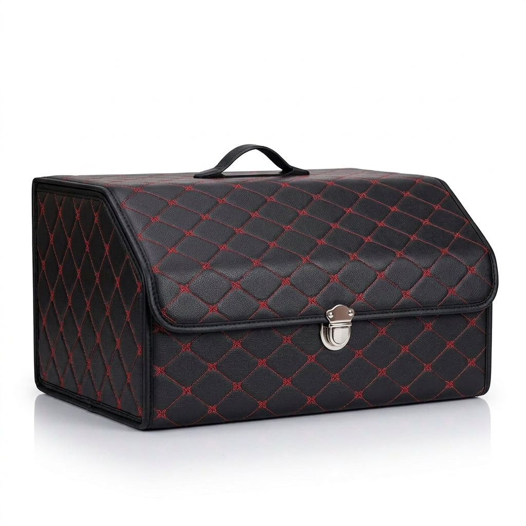 Car trunk storage box, leather foldable car organizer box, large capacity metal locking with handle storage box - Hero Studio