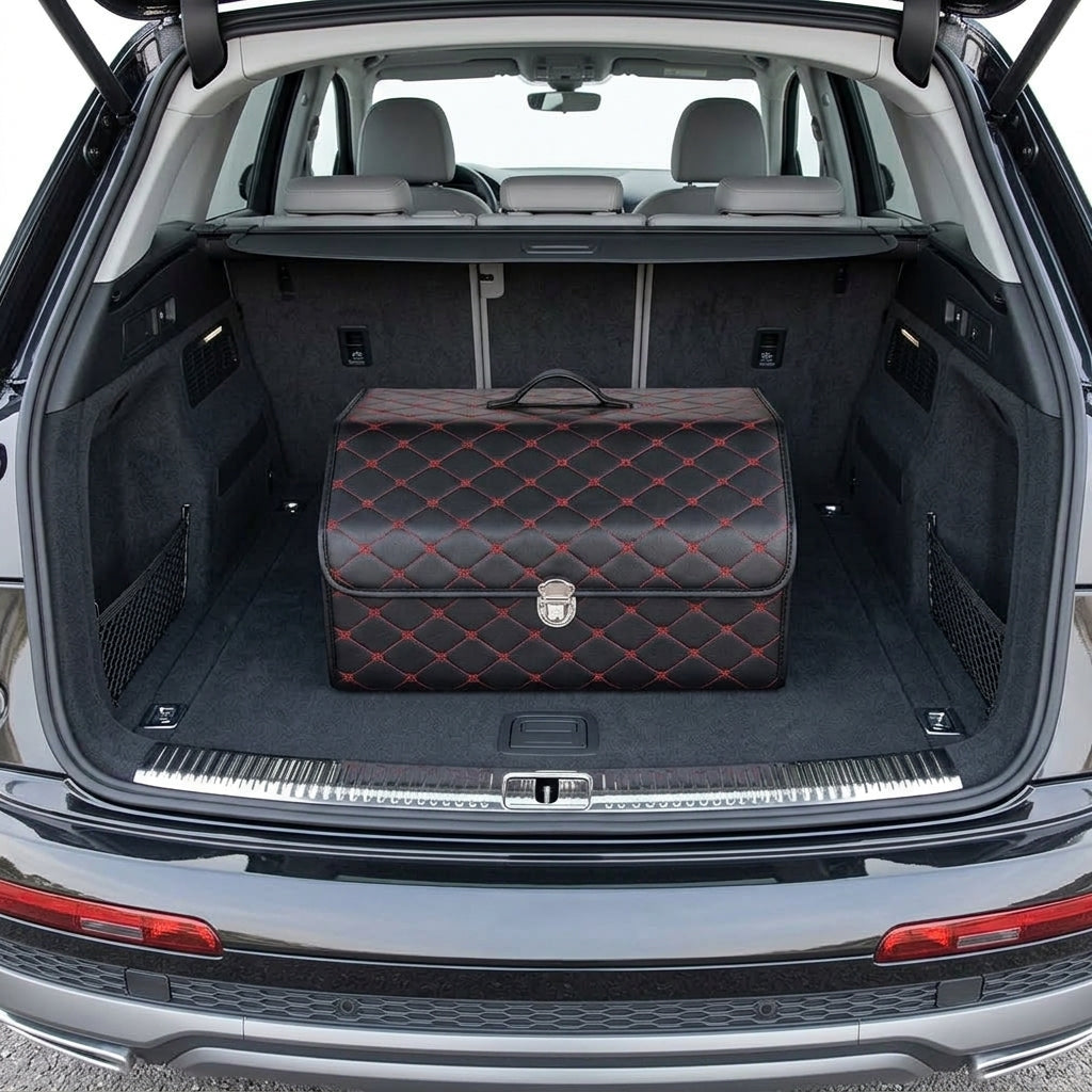 Car trunk storage box, leather foldable car organizer box, large capacity metal locking with handle storage box - Boot Context Day