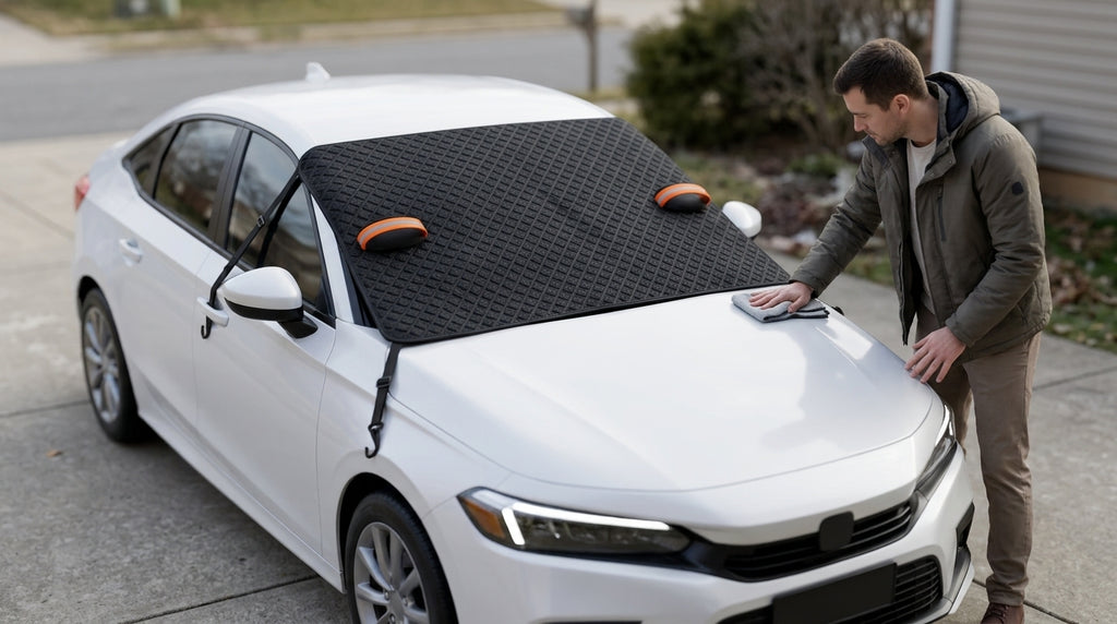 Car Snow Cover Half Hood Windshield Protector - In Use Day