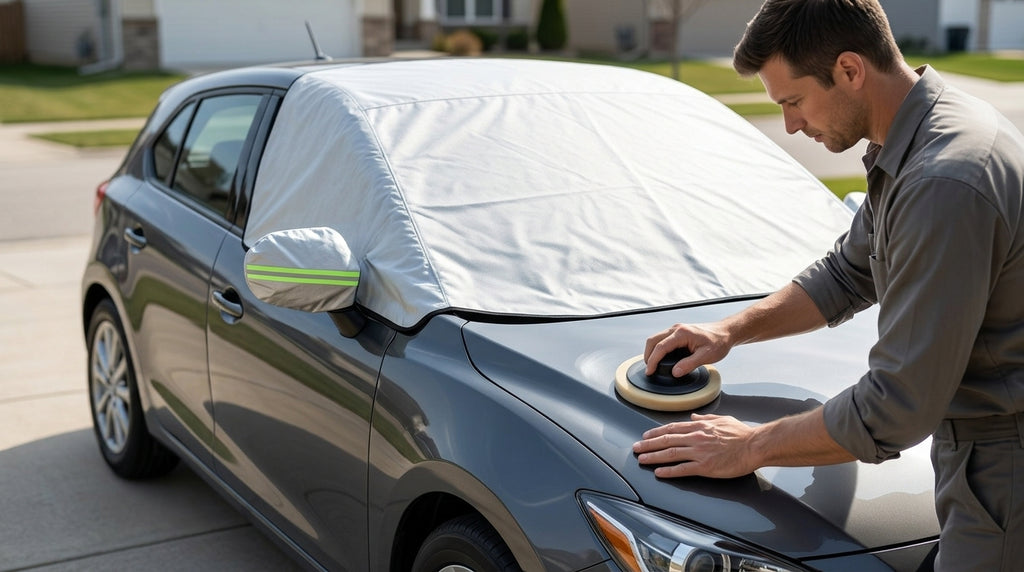 Car Snow Cover Half Hood Windshield Frost Guard - In Use Day