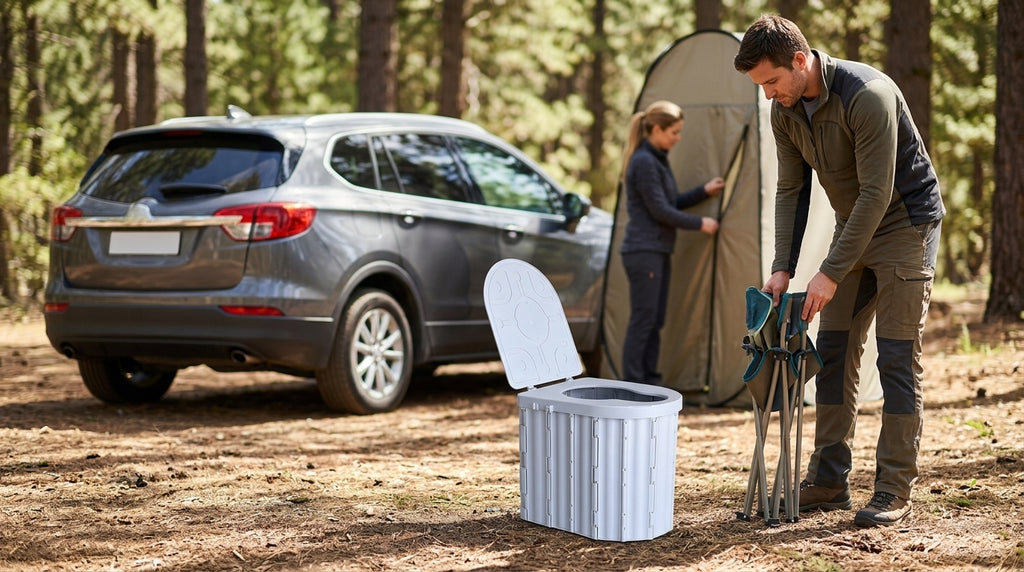 Portable Folding Toilet with Lid for Car Travel - In Use Day