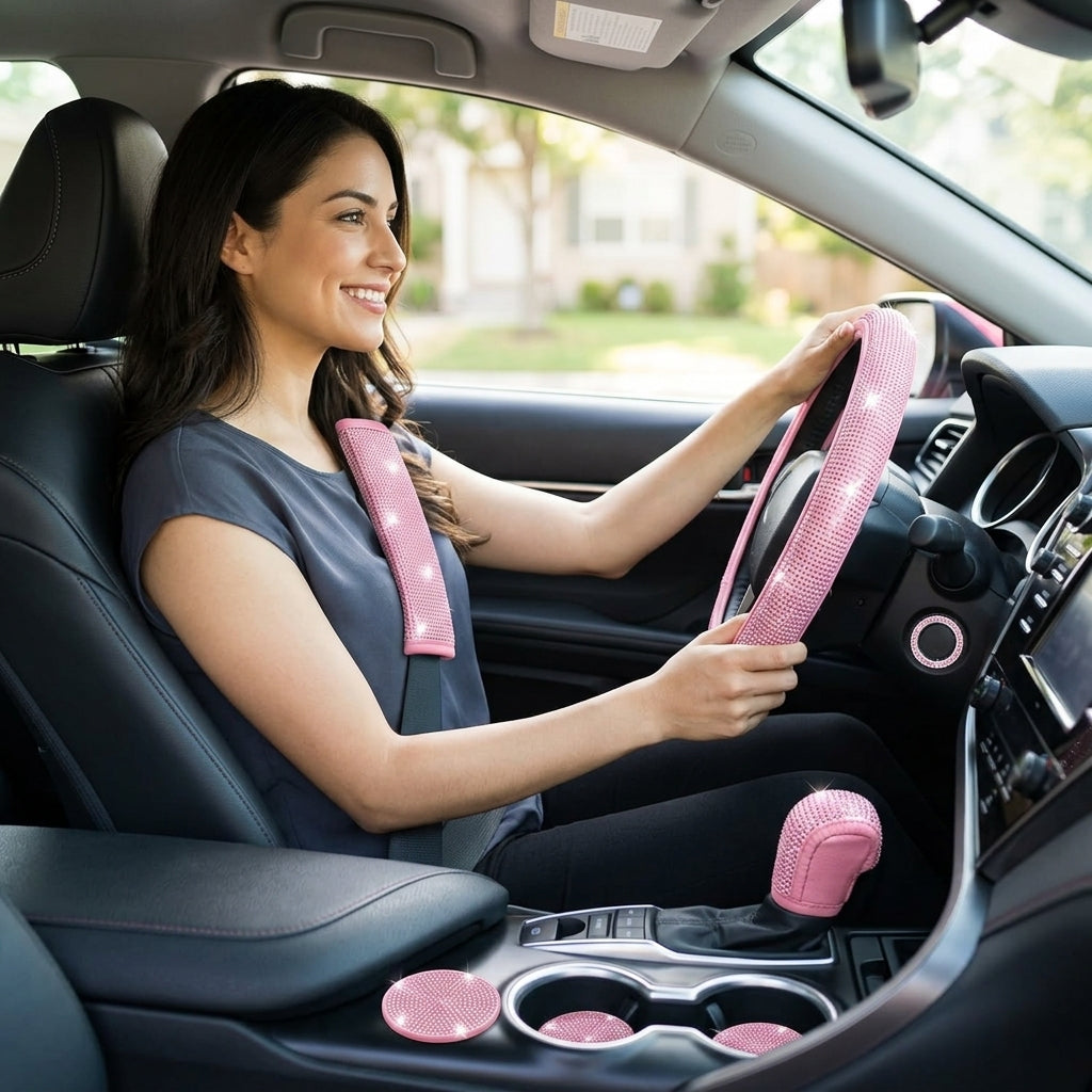 Car steering wheel cover, universal rhinestone-inlaid seatbelt cover, shoulder pad, seven-piece cross-border bestseller set - Woman Driver Day