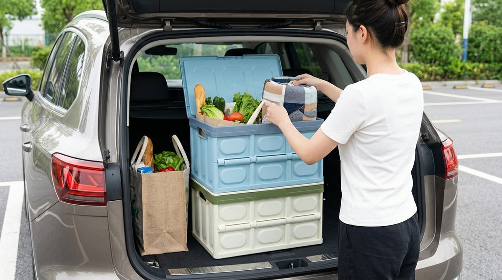 Car trunk folding storage box, car storage box, car trunk organizer box, storage box, portable storage - In Use Day