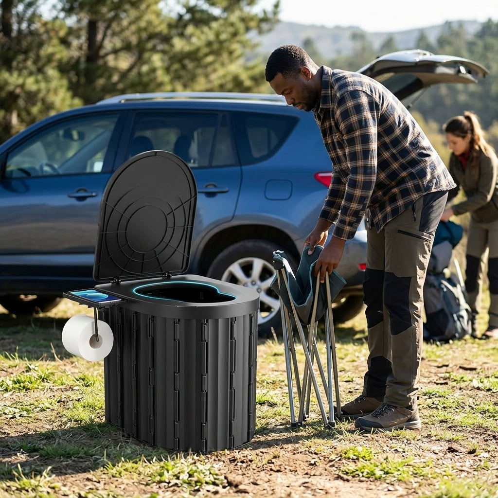 2025 New Model Raised Outdoor Folding Toilet with Lid Portable Car Mobile Toilet Travel Camping Toilet - In Use Day