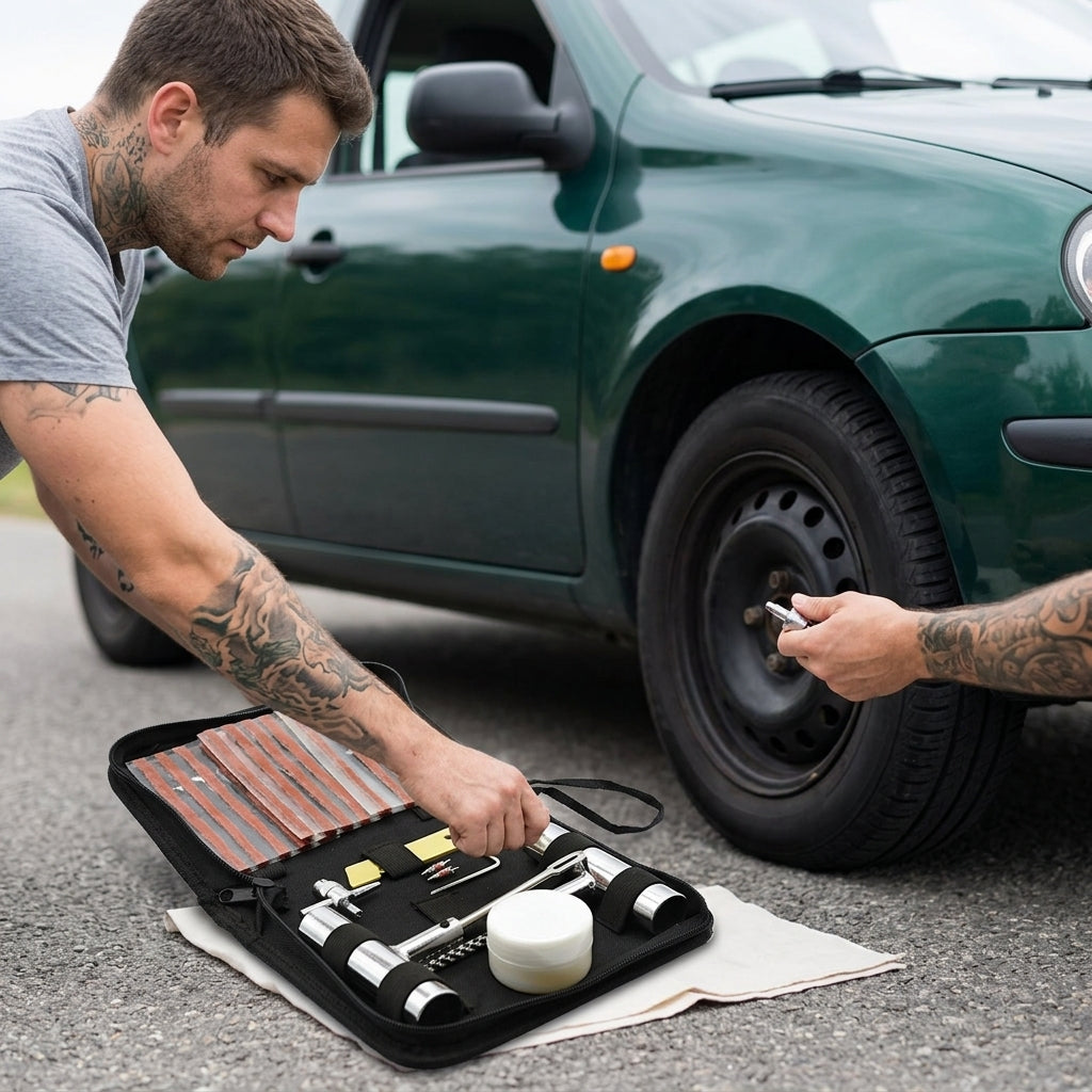 Car Repair Tool Set - Emergency Tire Repair Kit - In Use Day