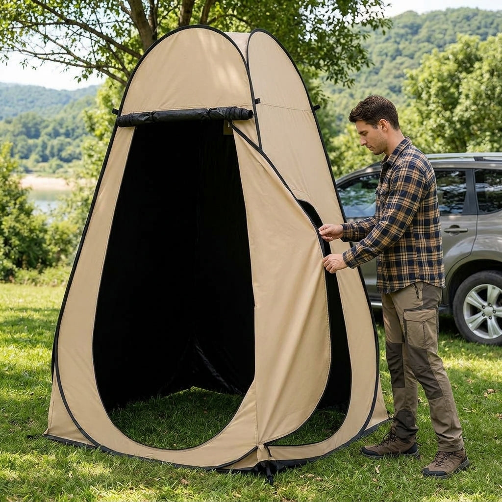 New outdoor bathing tent, black rubber waterproof portable toilet changing shower bathing camping changing cover tent - In Use Day