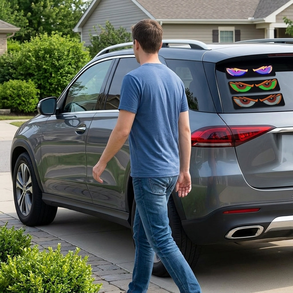 Best-selling automotive devil's eye LED lights, dynamic USB expression lights, LED display front and rear windshield car stickers - In Use Day