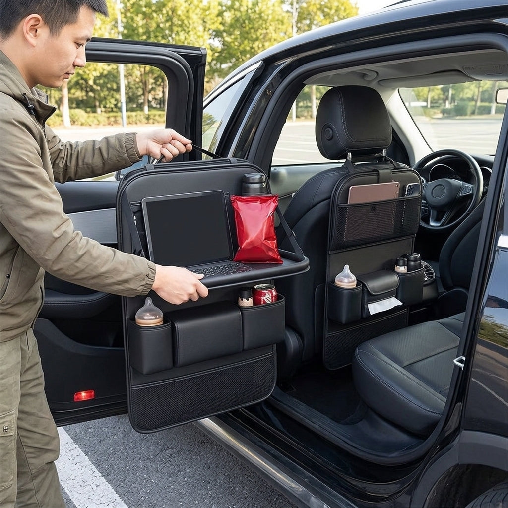 High-end car seat back storage bag, car multi-functional, rear hanging bag, car foldable dining table board shelf - In Use Day