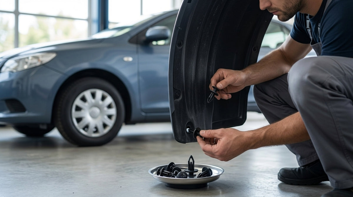 Universal automotive fender liner, trunk plastic clips, mudguard clips, expansion screws, hole-pierced studs, snaps - In Use Day
