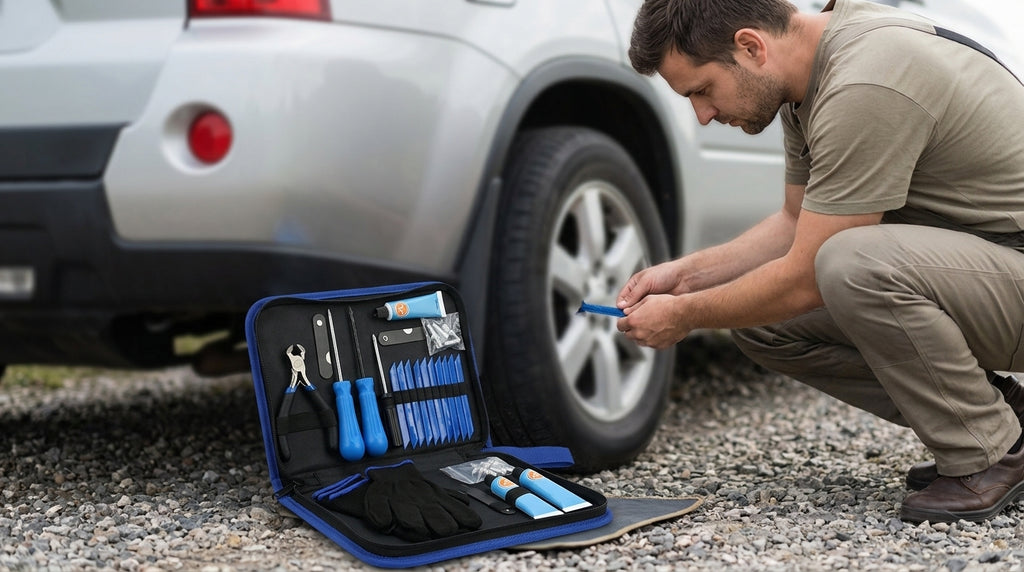 Car Emergency Tire Repair Kit, 27-Piece - In Use Day