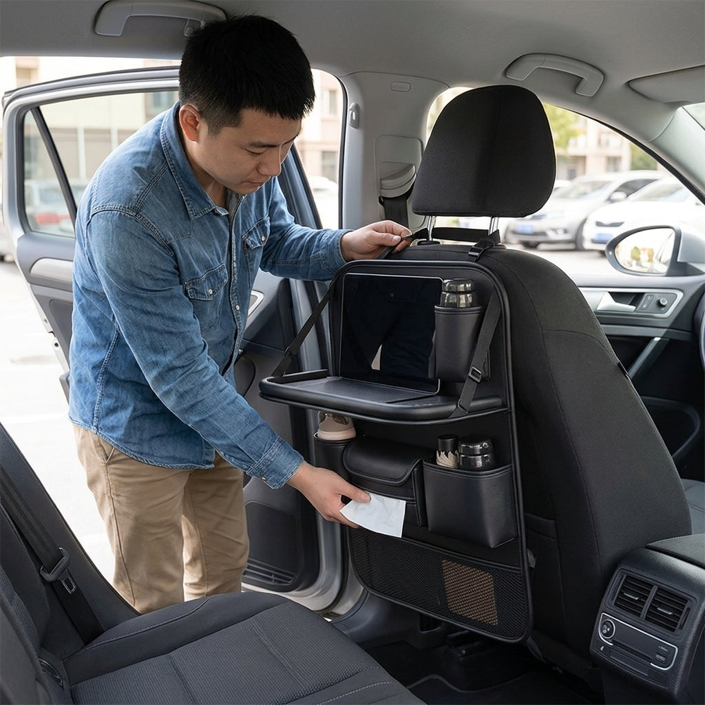 Car seatback storage bag, hanging bag, car front seat, rear seat shelf, small table, and in-car artifact - In Use Day