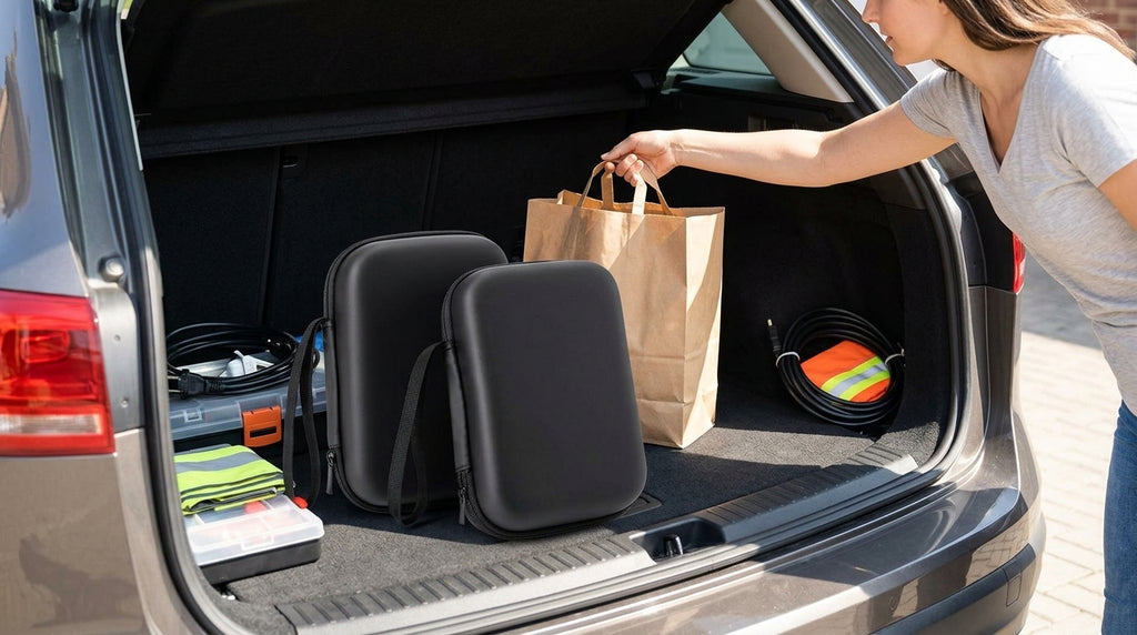 Car air pump leather box, portable air pump storage bag, leather packaging box for automotive emergency tools - In Use Day