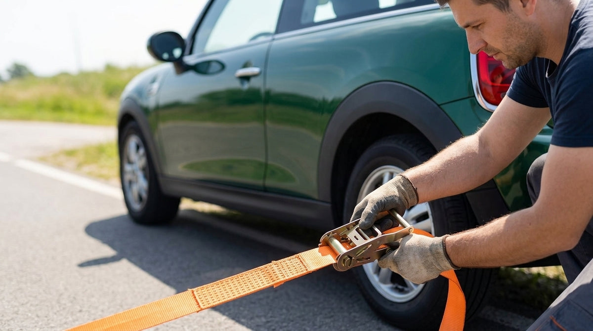 Cargo Ratchet Straps with Double Hooks, Orange - In Use Day