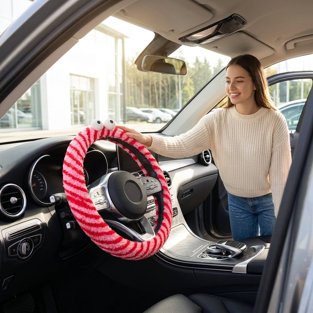 Winter plush steering wheel covers, 2024 new Monster non-slip warm all-season GM heated handlebar covers, women's version - In Use Day
