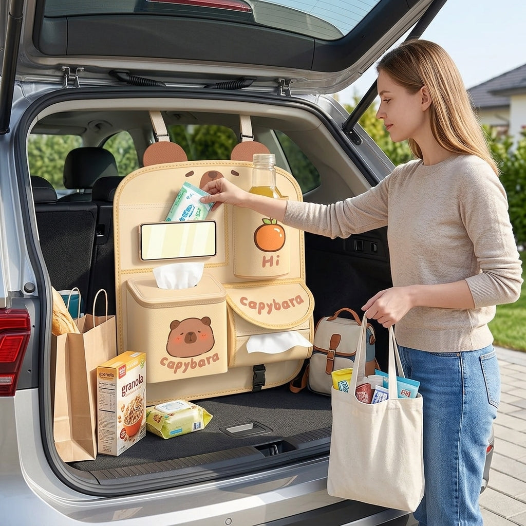 Car storage hanging bag, multifunctional creative cute car seat rear storage rack, tissue box inside car, trash bin - In Use Day