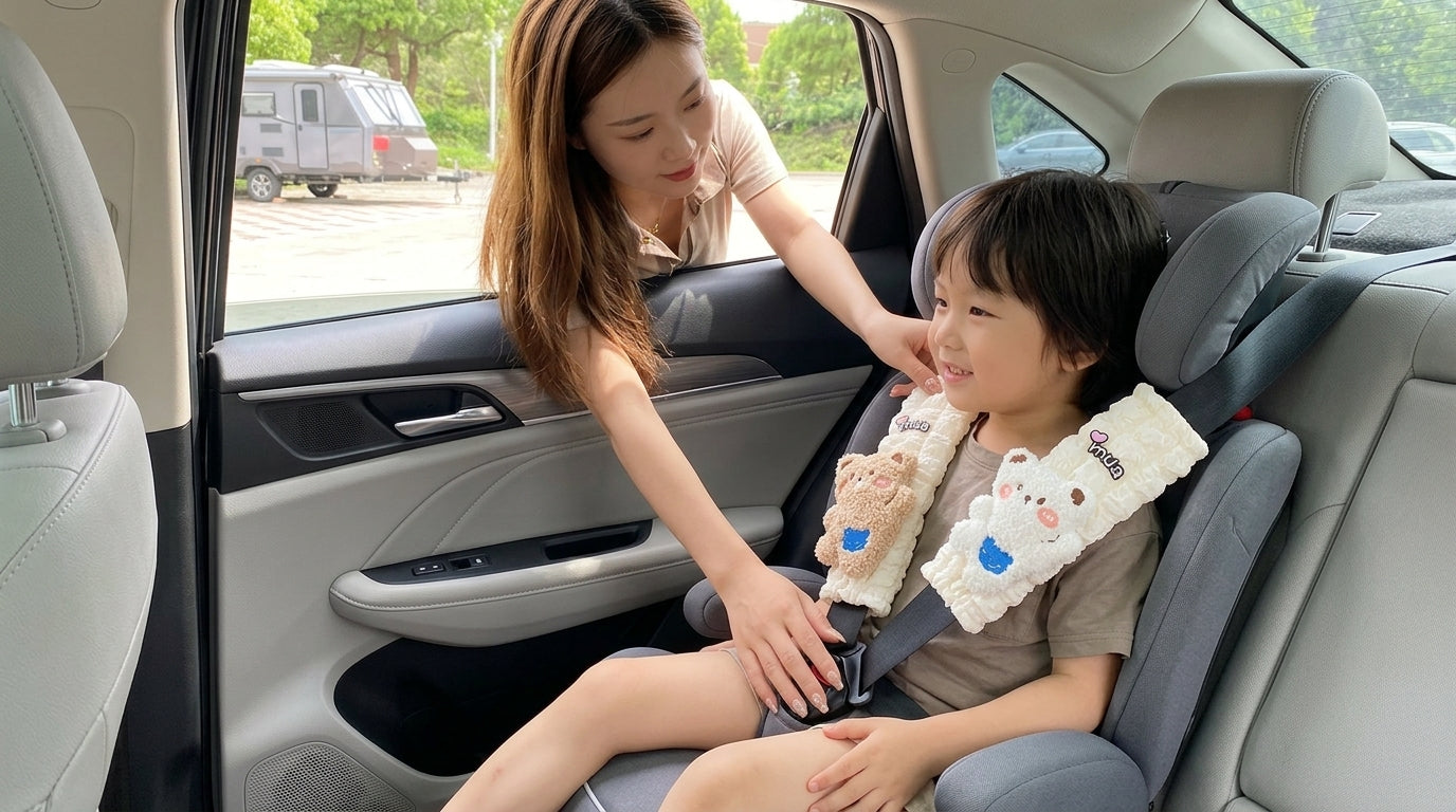 Car seat belt shoulder pads, creative cute children's anti-strain safety belt, and a pair of decorative protective covers - In Use Day
