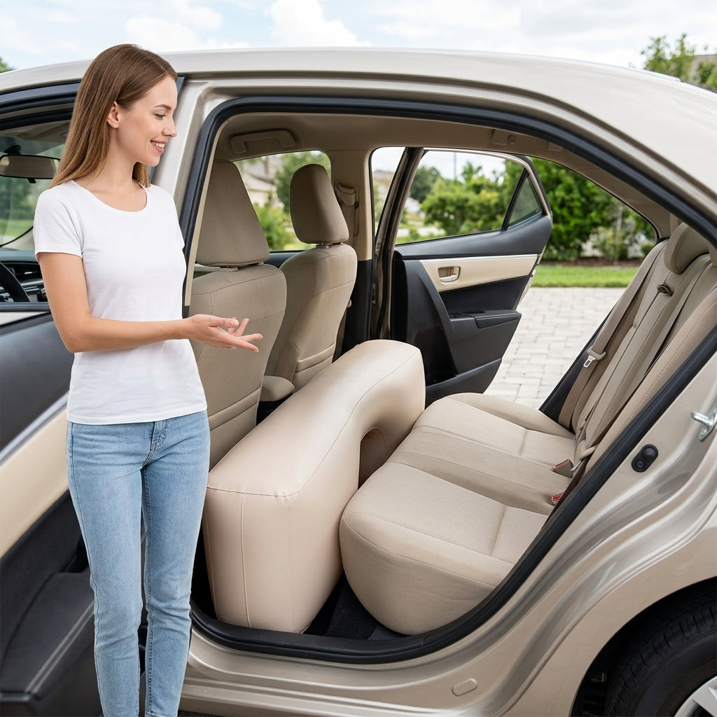 Car inflatable bed footrest rear seat gap pad, car and sedan rear seat gap pad, inflatable interior rest filling pad - In Use Day