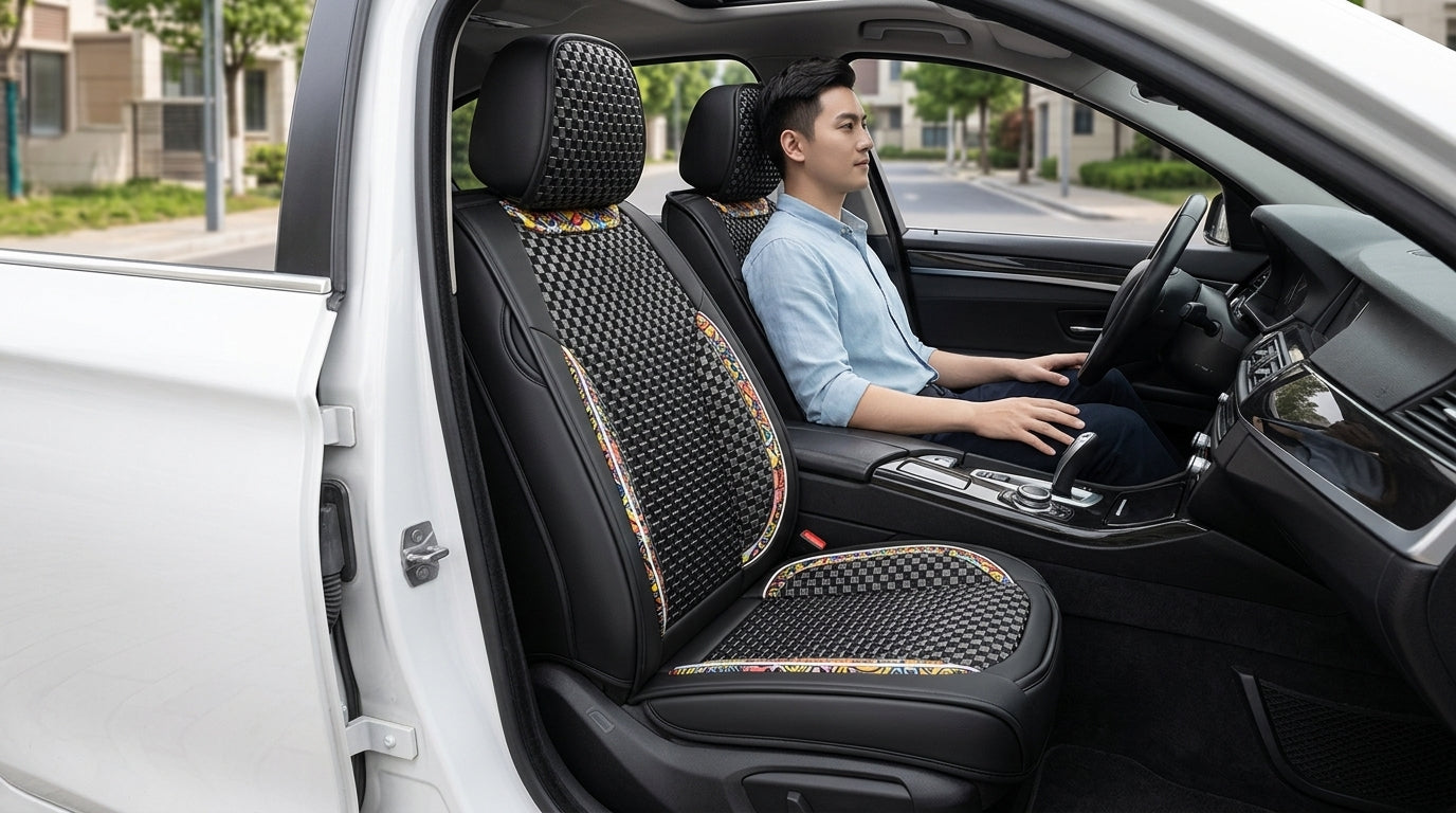 New Ice Silk Breathable Car Seat Covers, Cartoon Cute Seat Covers, Fully Inclusive Seat Cushion Covers All Seasons - In Use Day