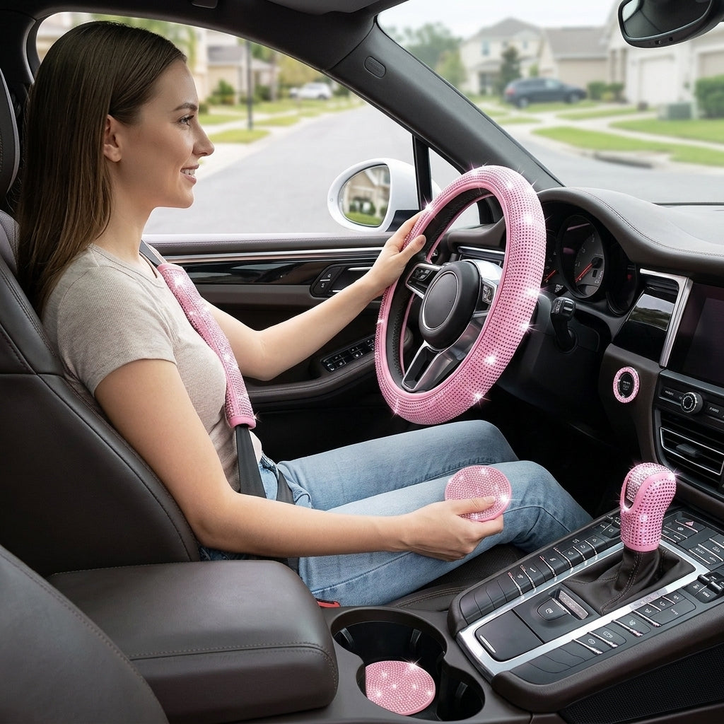 Car steering wheel cover, diamond-shaped new all-season universal seatbelt cover, multi-piece coaster steering wheel protective cover - In Use Day