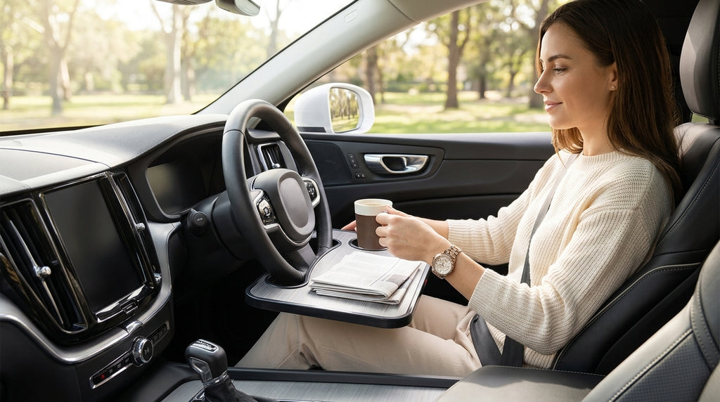 Multifunctional Car Dinner Plate, Steering Wheel, Laptop Stand, Car Dinner Tray Storage Rack, Car Computer Table Tray - In Use Day