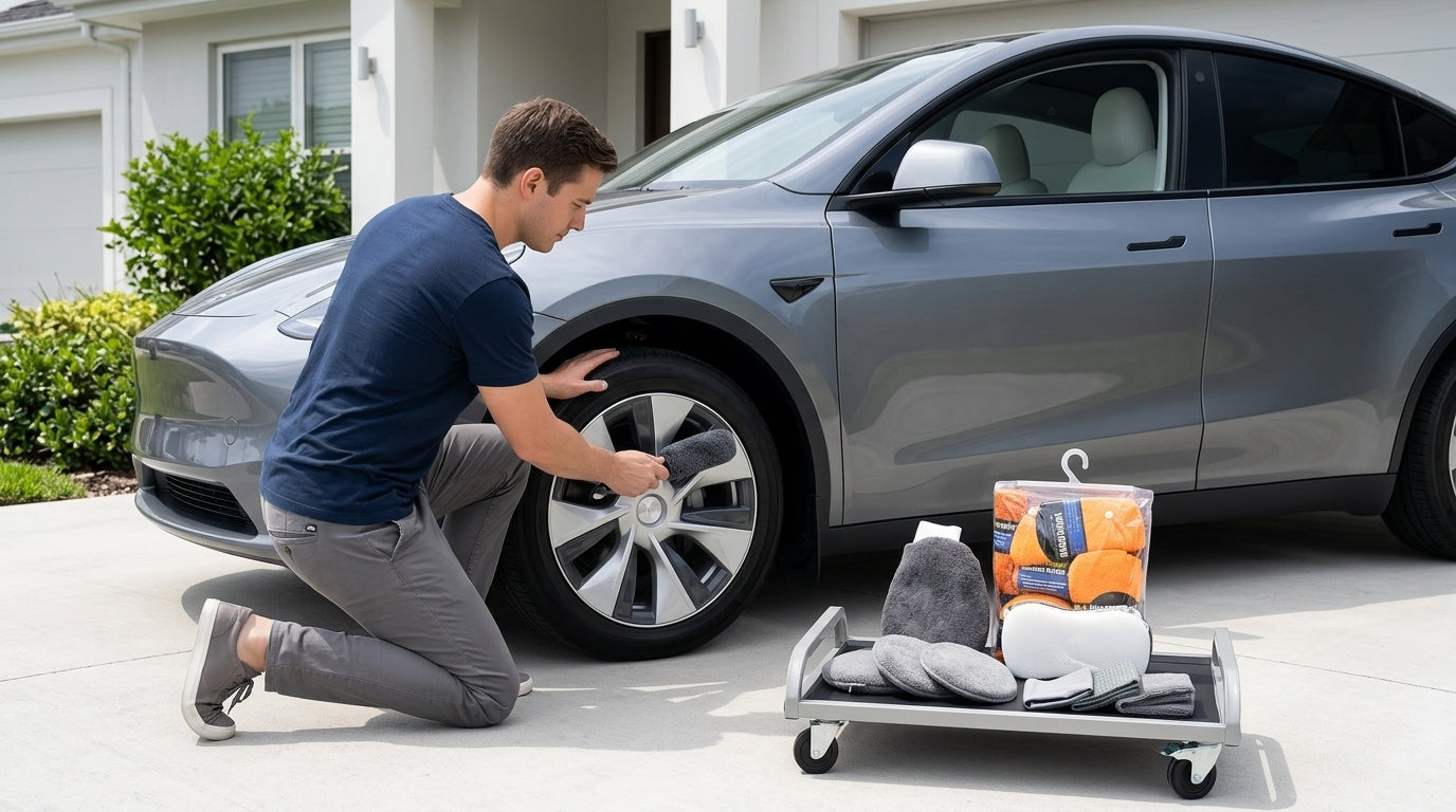Car cleaning 9-piece set: car towels, home car wash gloves, car washing towels, rags, waxing sponges, hub brushes - In Use Day