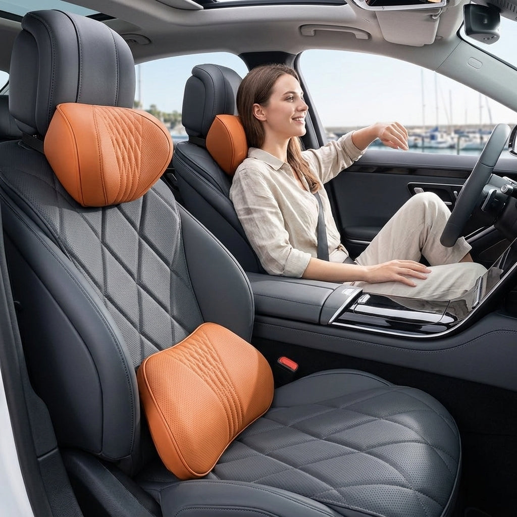 Summer breathable memory foam car headrest lumbar support premium car seat pillow car leather neck support pillow - In Use Day