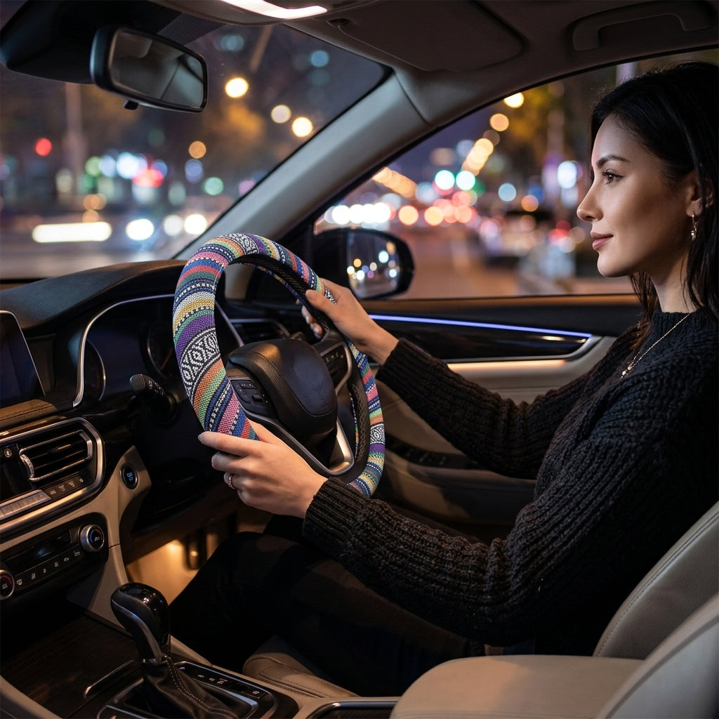 Steering wheel cover New national style old coarse cloth linen car steering wheel cover Personality trend car handle cover - Woman Night Atmosphere