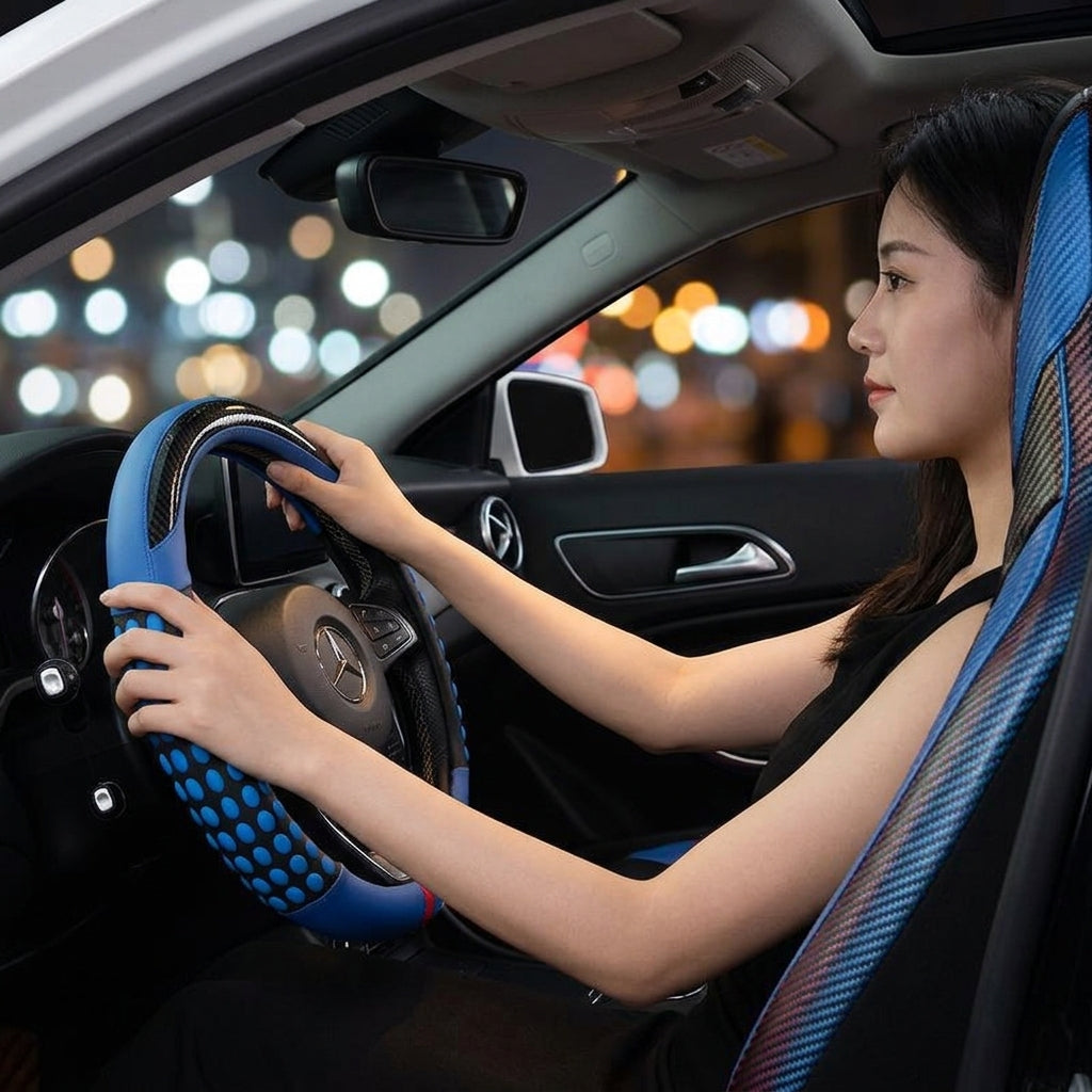 Non-slip sweat-wicking car handlebar covers, colorful carbon fiber leather, fashionable trendy brand steering wheel covers, car GM Amazon - Woman Night Atmosphere
