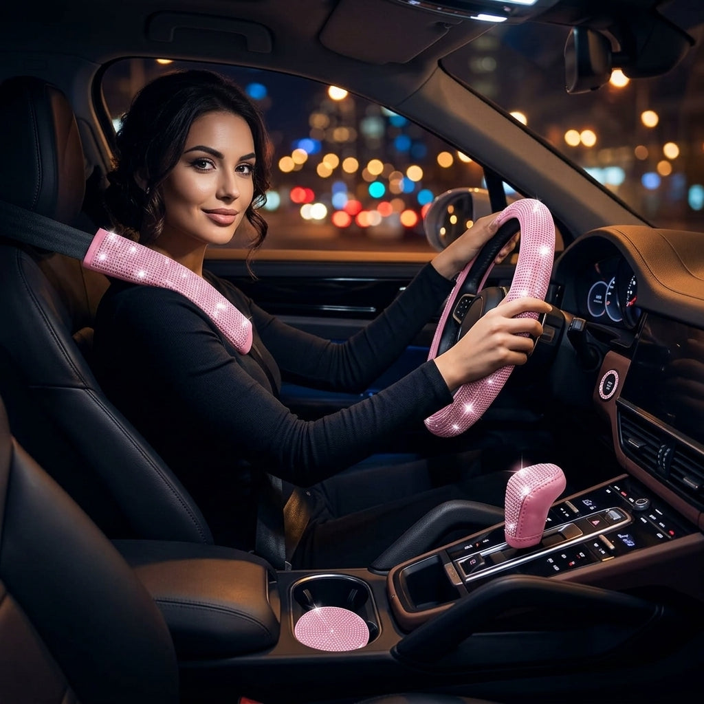 Car steering wheel cover, universal rhinestone-inlaid seatbelt cover, shoulder pad, seven-piece cross-border bestseller set - Woman Night Atmosphere
