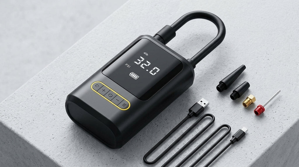 Mini portable car inflator pump bicycle electric tire pump air pump handheld wireless charging digital display - Detail Top