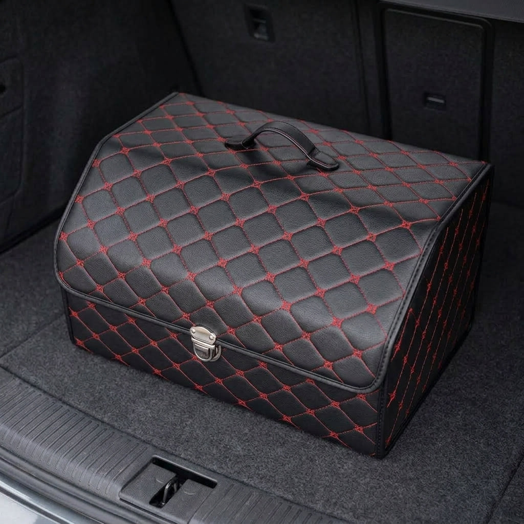 Car trunk storage box, leather foldable car organizer box, large capacity metal locking with handle storage box - Detail Top