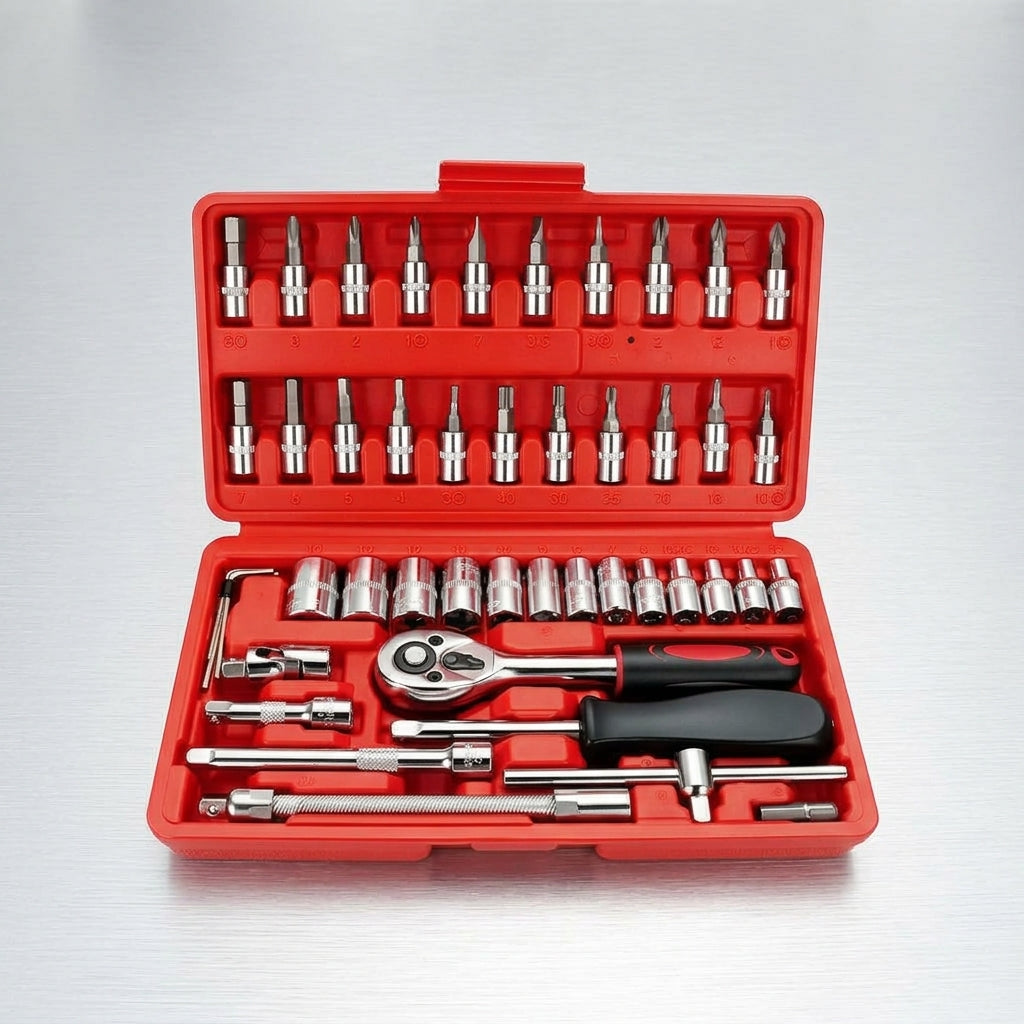 46-piece set of quick ratchet wrenches and screwdriver toolboxes for car repairs, hardware sets, and auto repair kits - Detail Top