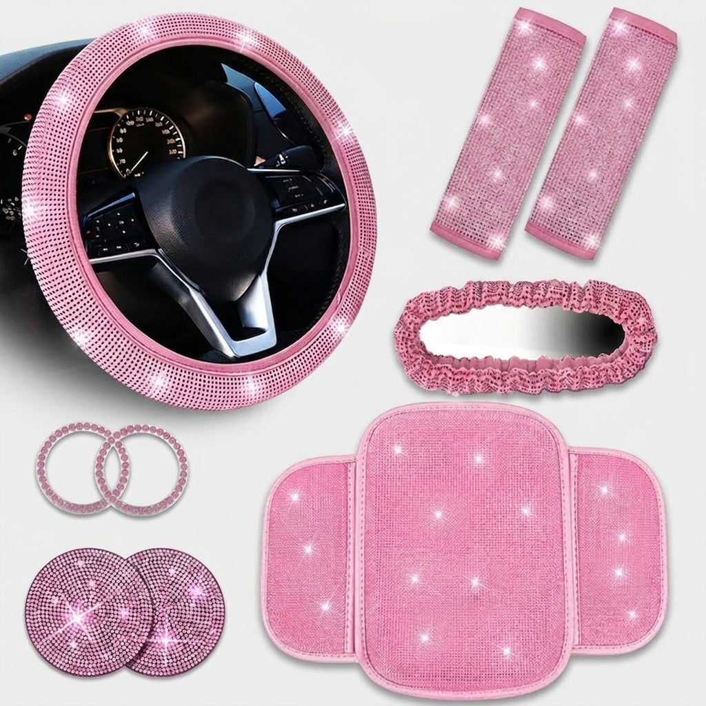 Car steering wheel cover, diamond-studded full diamond set, seat belt, shoulder pad, rearview mirror armrest, box mat, starter ring, nine-piece set - Detail Top