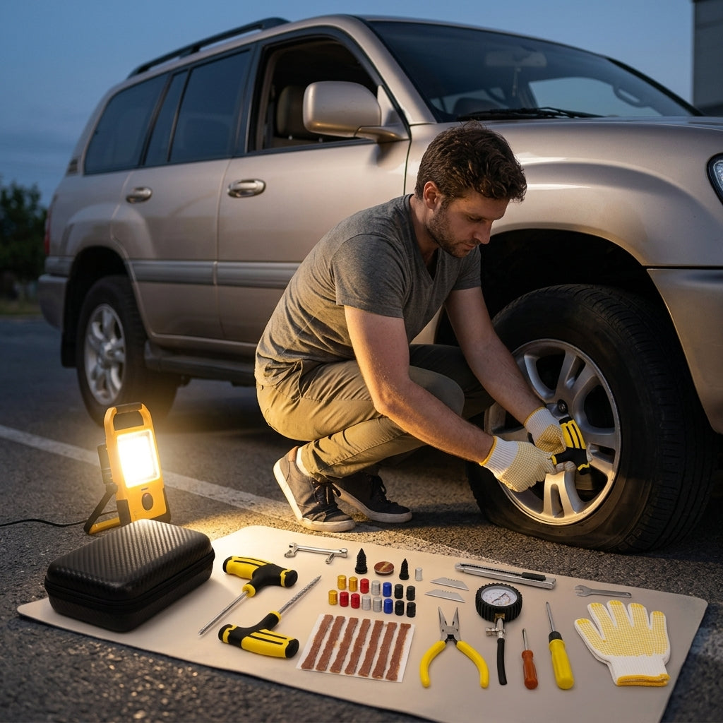 Tire Repair Kit - 61-Piece Emergency Tool Set - Evening Garage