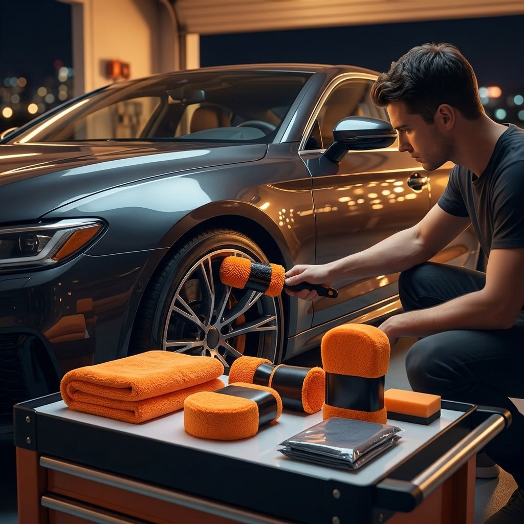 Car Wash 9-Piece Set: Car Cleaning Supplies, Wheel Hub Brush, Polishing Waxing Sponge Blocks, Car Wash Towels, Car Wipes - Lifestyle Night