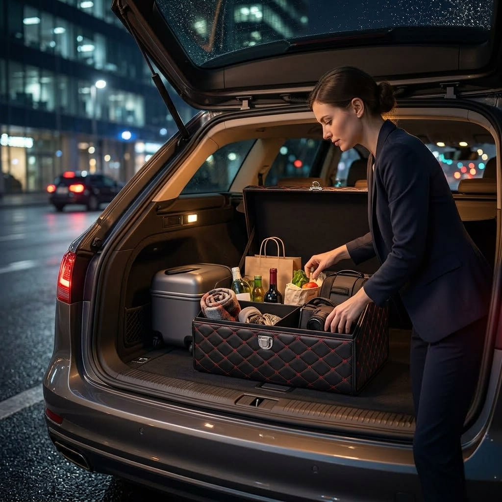 Car trunk storage box, leather foldable car organizer box, large capacity metal locking with handle storage box - Lifestyle Night