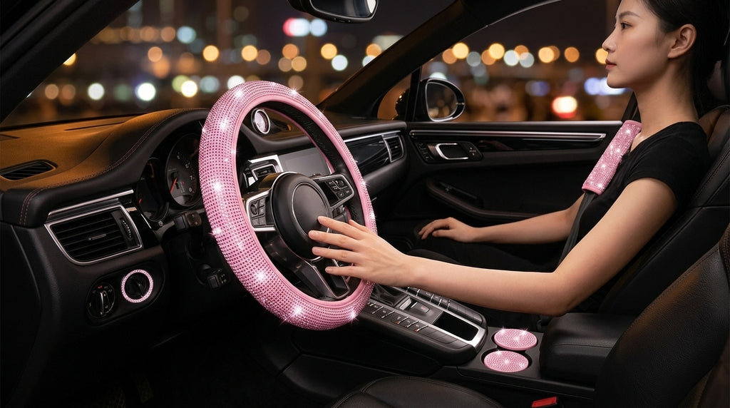 Car steering wheel cover, diamond-shaped new all-season universal seatbelt cover, multi-piece coaster steering wheel protective cover - Lifestyle Night
