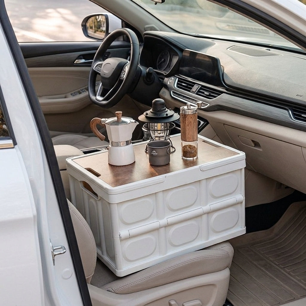 Outdoor camping folding box, storage box, wooden lid, car trunk, picnic storage box, organizer box, clothing storage box - Interior Placement