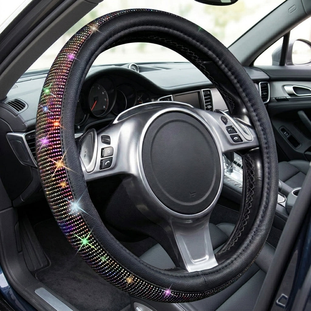 New car rhinestone fully rhinestone-hot rhinestone steering wheel, personalized handlebar cover, unisex steering wheel, Amazon - Interior Placement