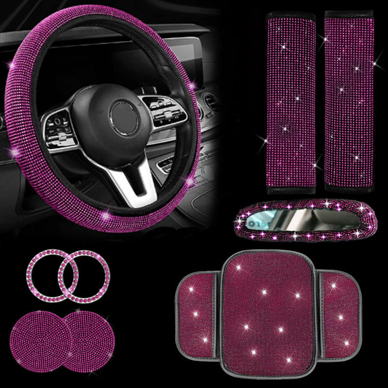 Car steering wheel cover, diamond-studded full diamond set, seat belt, shoulder pad, rearview mirror armrest, box mat, starter ring, nine-piece set