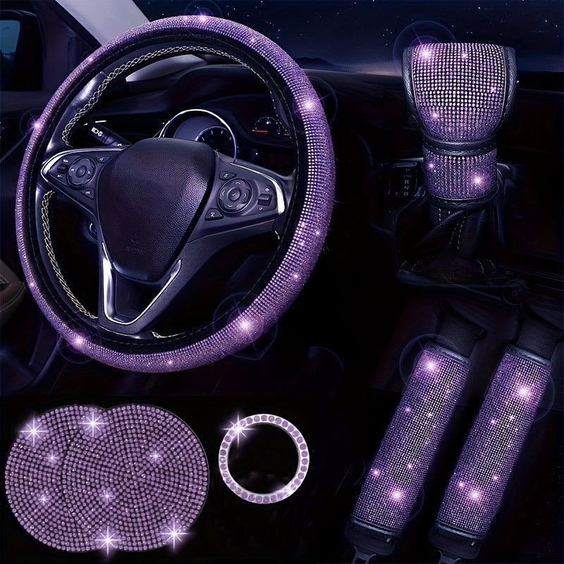 Car steering wheel cover, universal rhinestone-inlaid seatbelt cover, shoulder pad, seven-piece cross-border bestseller set